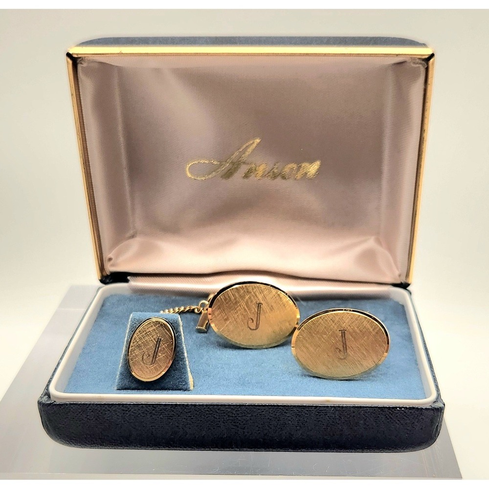 Anson Vintage Mens Gold Tone Initial J Cufflinks and Tie Tac Set with Box
